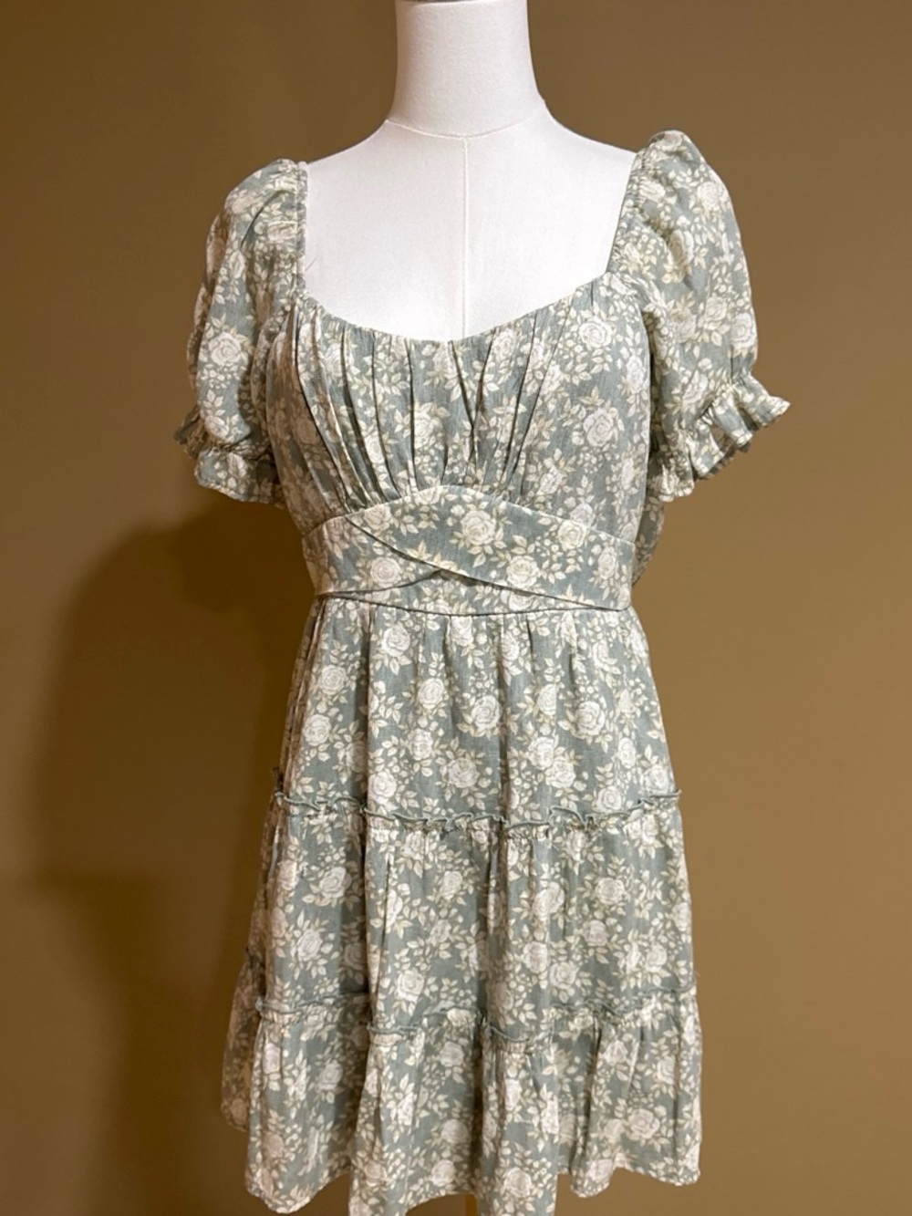 Trixxi Sage Green Floral Puff-Sleeve Mini Dress